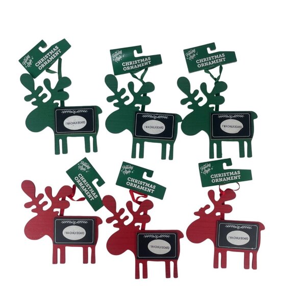 Holiday Style Reindeer Chalkboard Christmas Ornaments Set Of 6 Red Green New - Picture 1 of 5